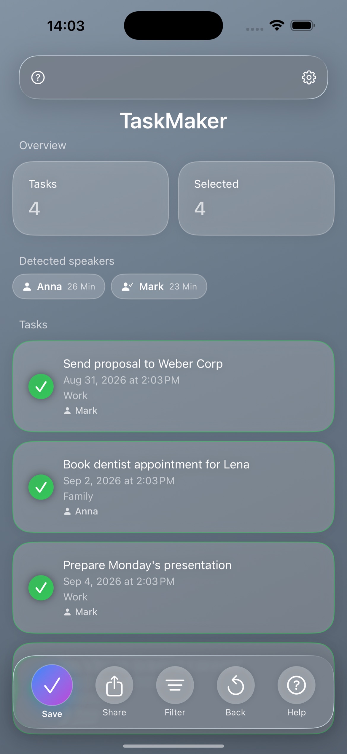 TaskMaker iOS: detected speakers with talk time and tasks per person