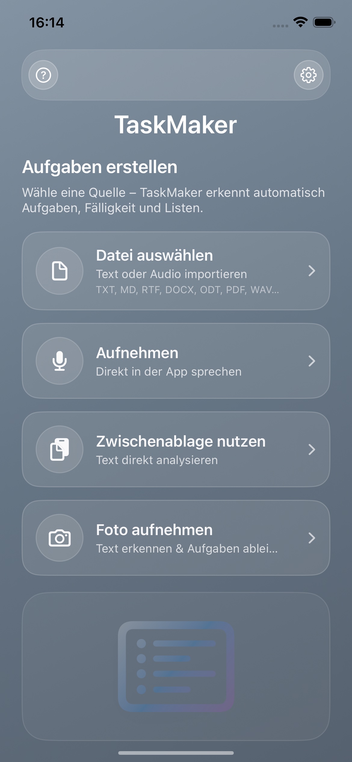 TaskMaker iOS: KI Aufgaben automatisch erstellen – Startbildschirm (Version 1.2)