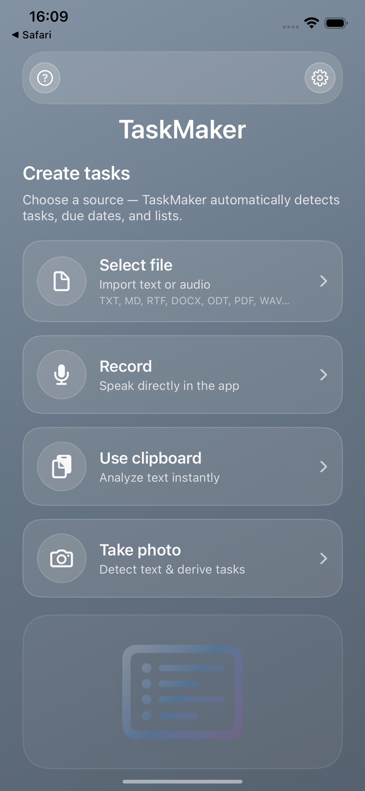 TaskMaker iOS: AI task generator – Start Screen (Version 1.2)