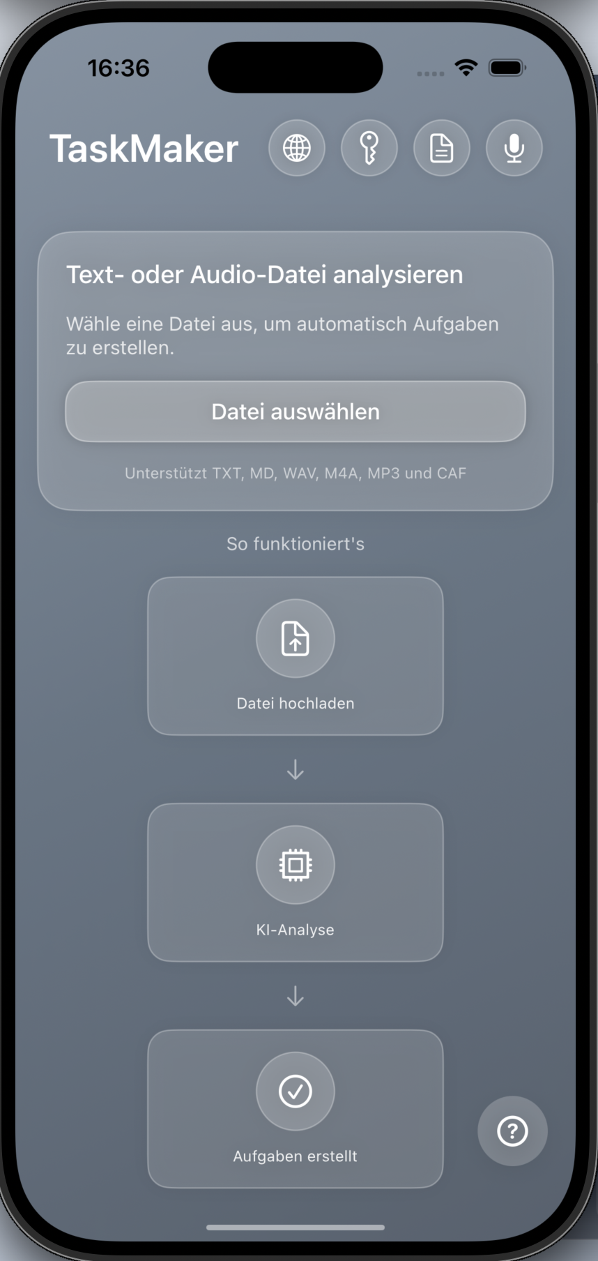 TaskMaker iOS Startbildschirm