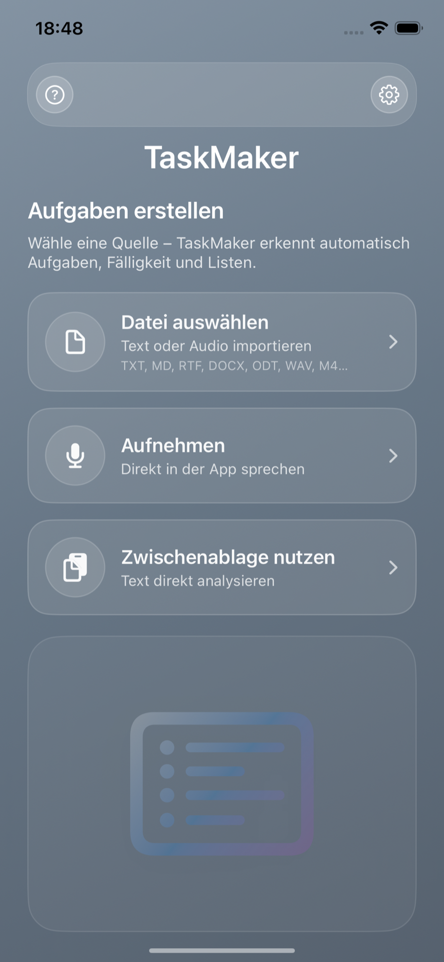 TaskMaker iOS Startbildschirm