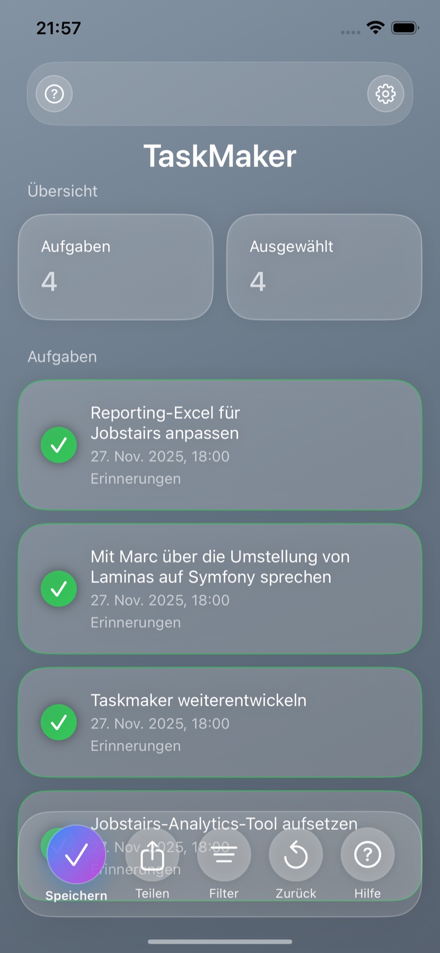 TaskMaker iOS: erkannte Aufgabenliste in Apple Erinnerungen (KI Task Extraction)