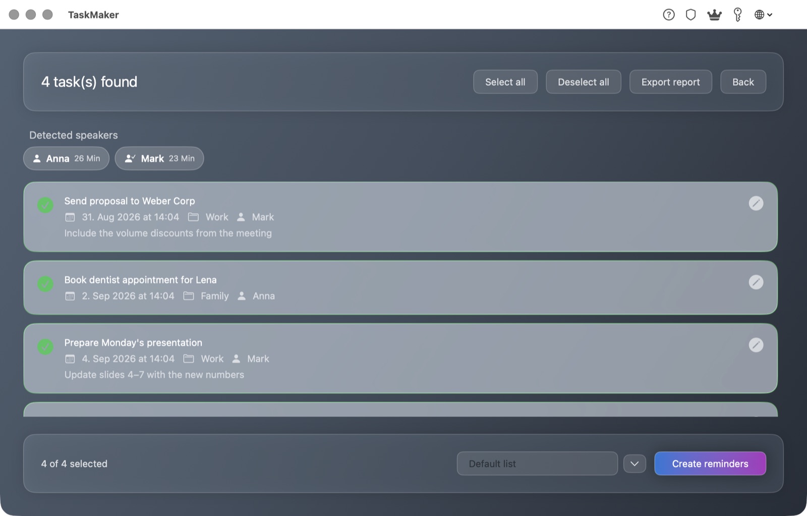 TaskMaker macOS: speaker chips with talk time and assignee per task