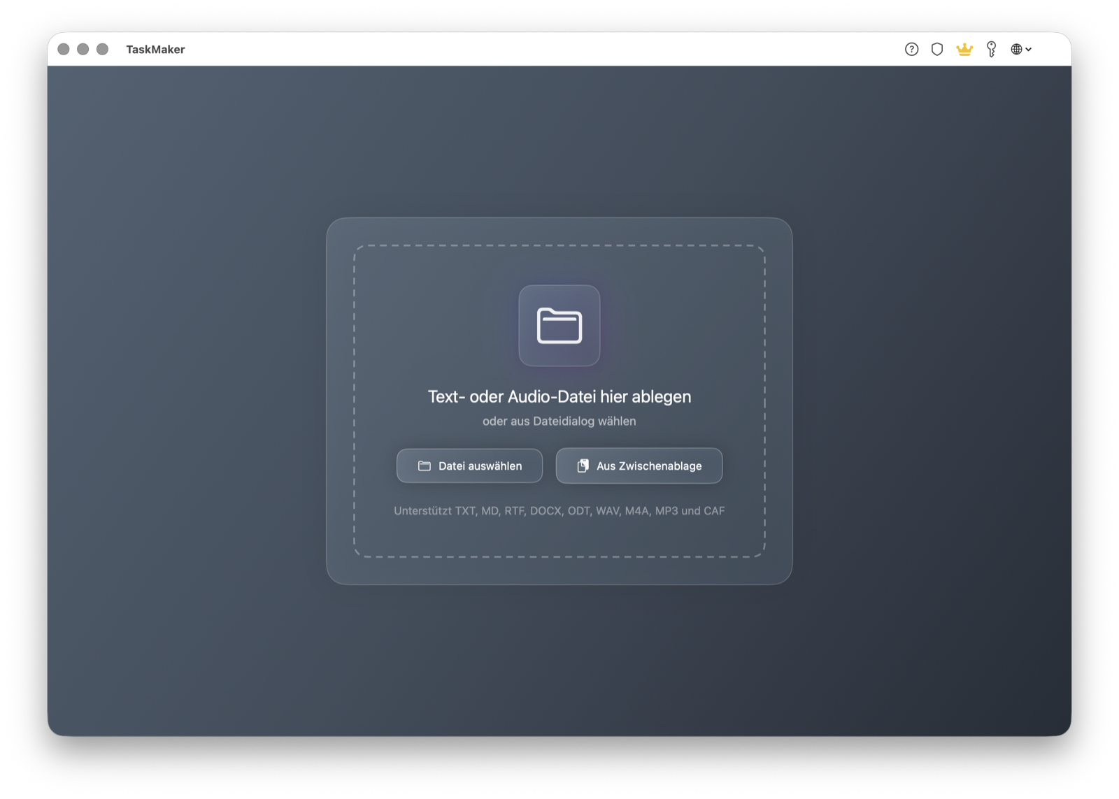 TaskMaker macOS Startbildschirm