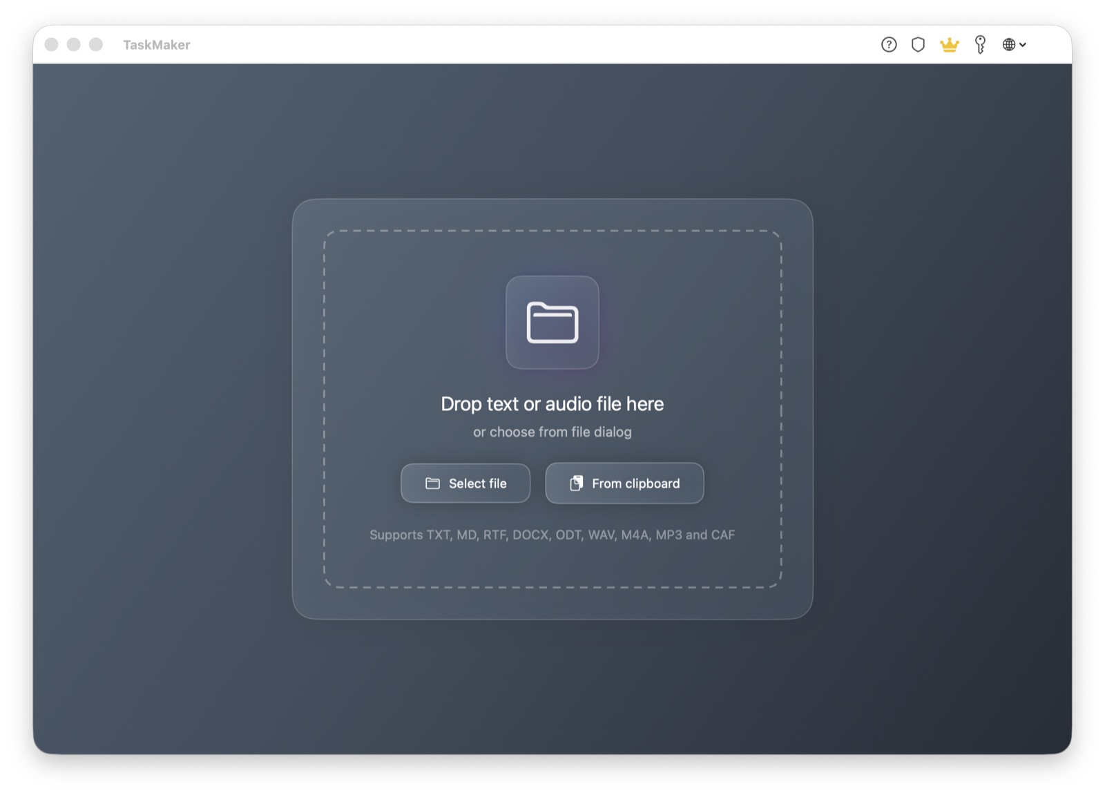 TaskMaker macOS Start Screen