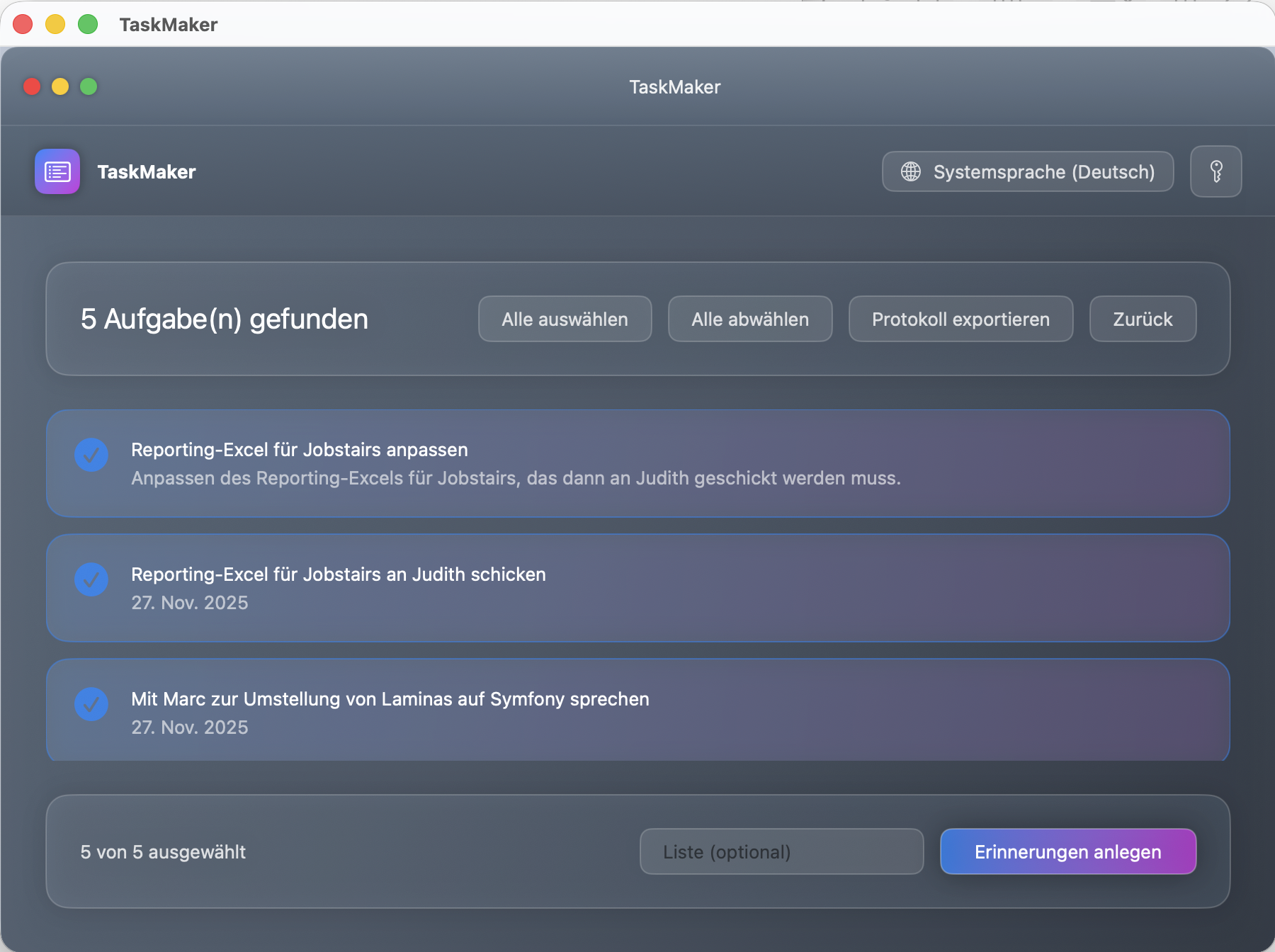 TaskMaker macOS Aufgabenliste