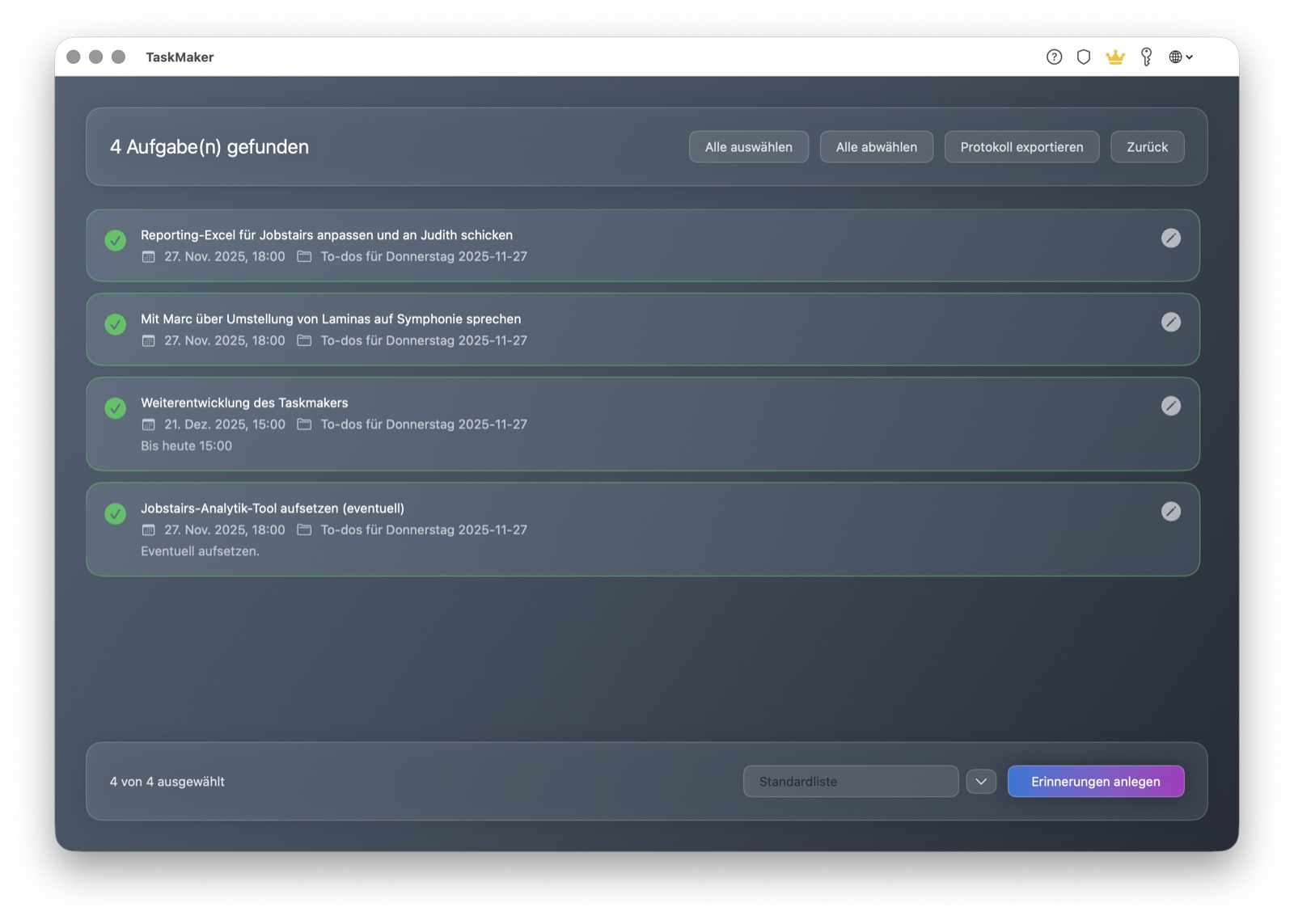 TaskMaker macOS Aufgabenliste